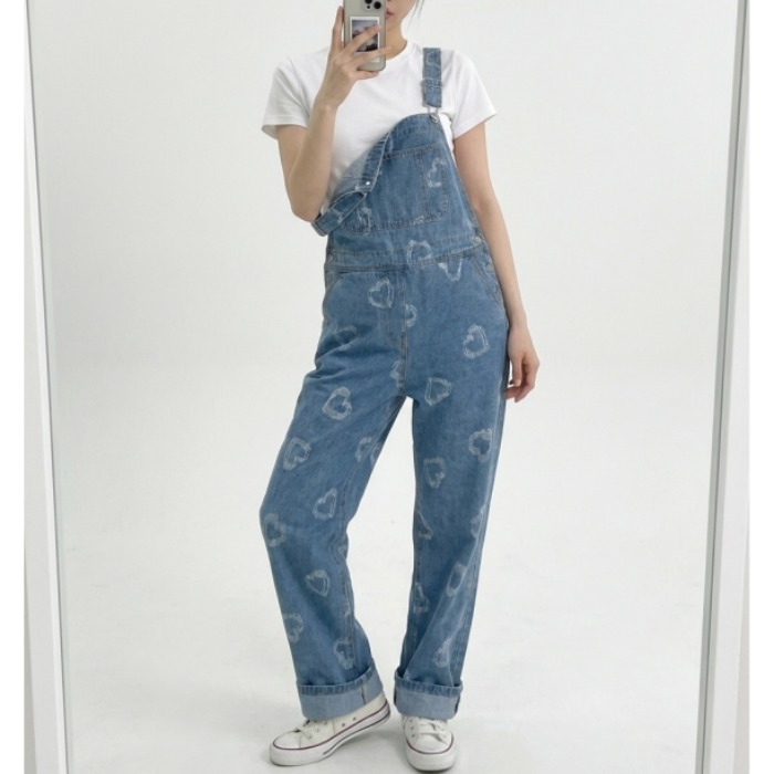 Korean Daily Lifestyle - Love Heart Denim Overalls Women's Korean